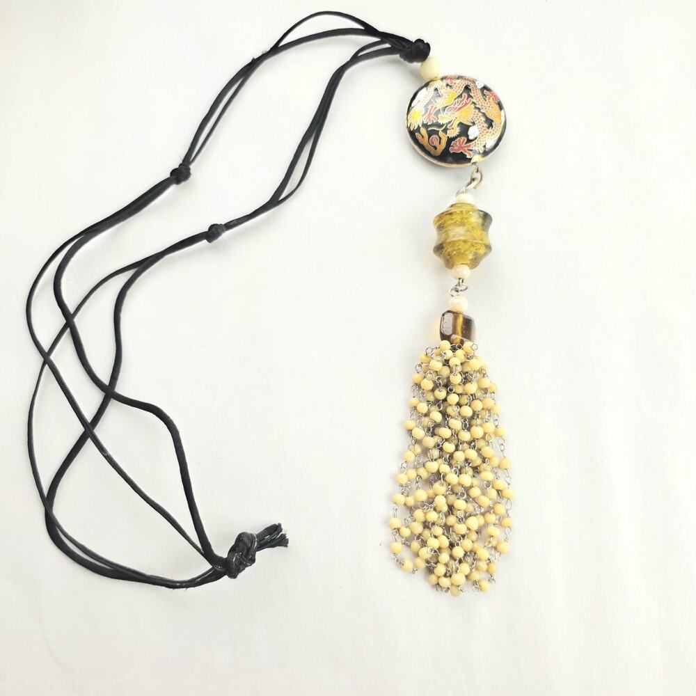 Vintage Chinese Cloisonne Enamel Pendant Necklace With Tassel Beaded Dragon Blk